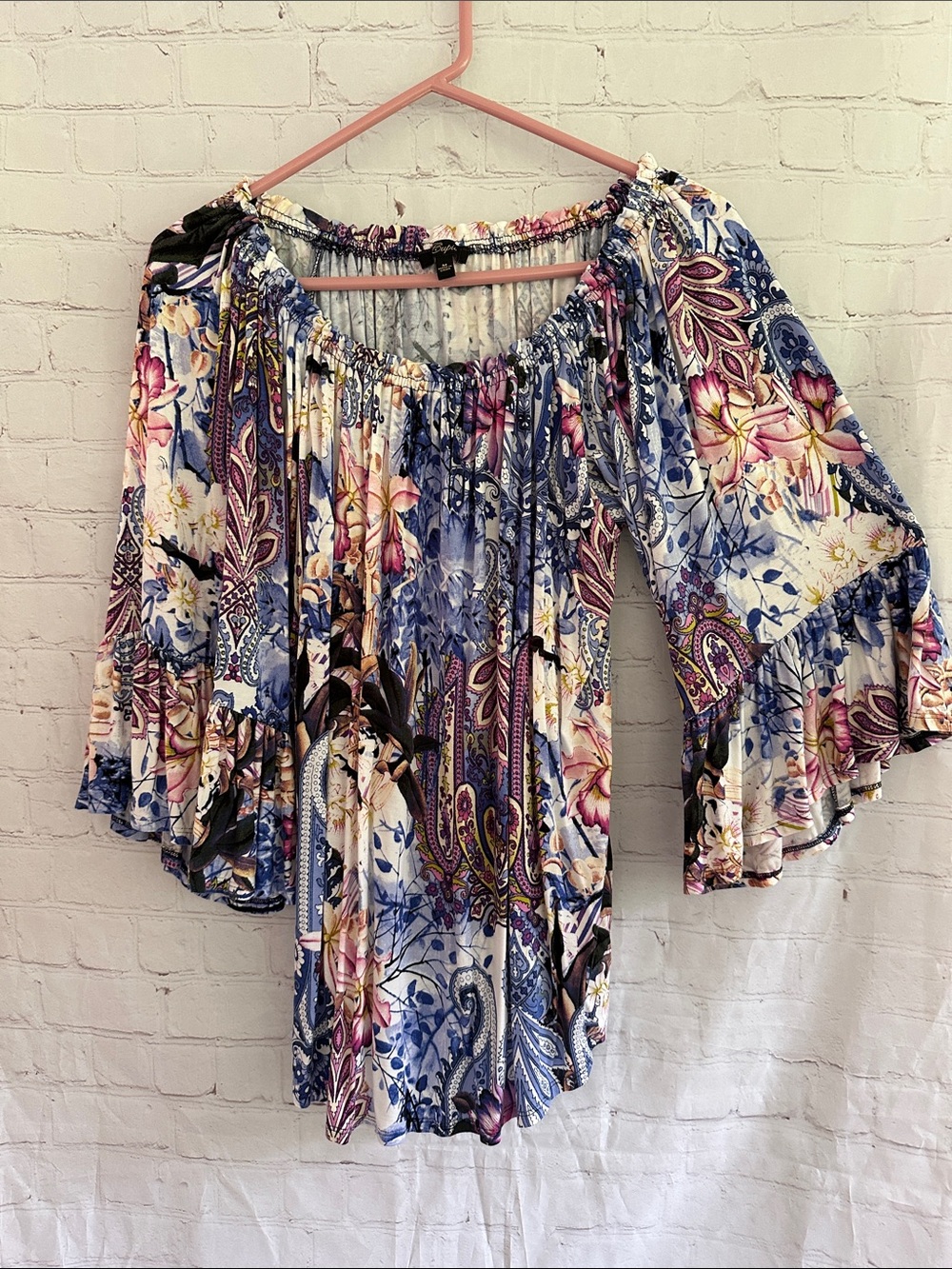Cupio Blue Multi Floral Paisley Off-Shoulder Blouse size M